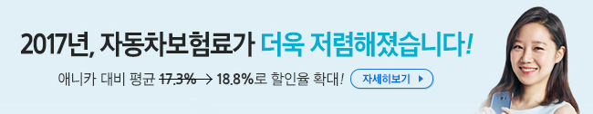 2017년, 더욱 저렴해진 자동차보험료로 모시겠습니다! 애니카 대비 평균 17.3% → 18.8%로 보험료 할인 전격 확대! 자세히 보기